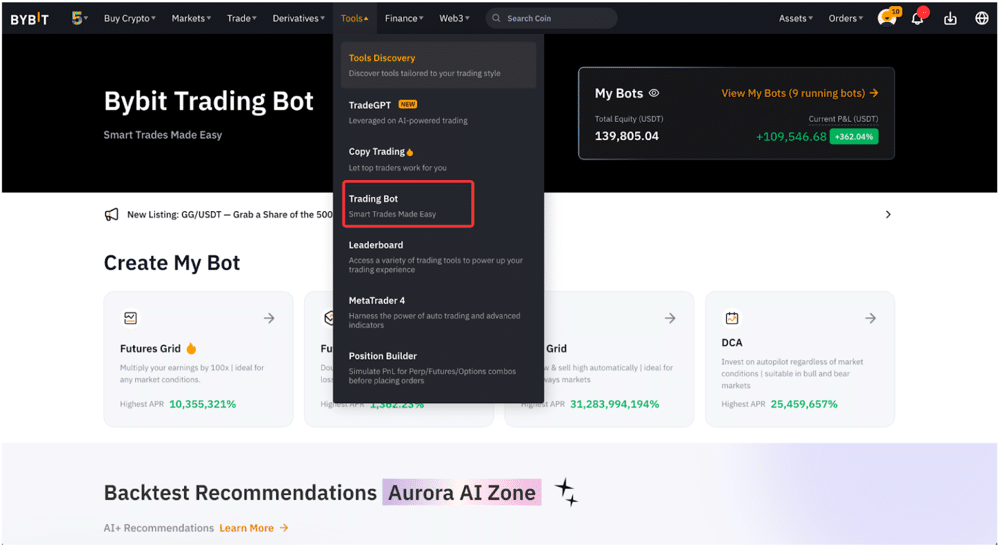 Bybitの取引ボット画面の例。ユーザーの「My Bots」欄には+362.04%という驚異的な利益率が表示されており、トップボットの年間収益率(APR)は数百万%超という桁外れの数字も確認できます
